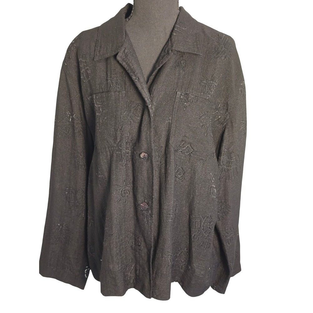 Chicos Design Black Embroidered Sun Motif Button Down Shirt Size 3 XL Gothic